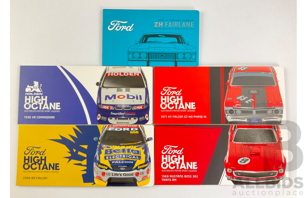 Australian RAM Automotive Commemorative Coins Including 2018 Fifty Cents 1971 Ford XY GT HO Phase III, 1969 Ford Mustang Boss 302, 2006 BA Falcon, 1996 Holden VR Commodore, 217 Fifty Cent 1976 Ford ZH Fairlane
