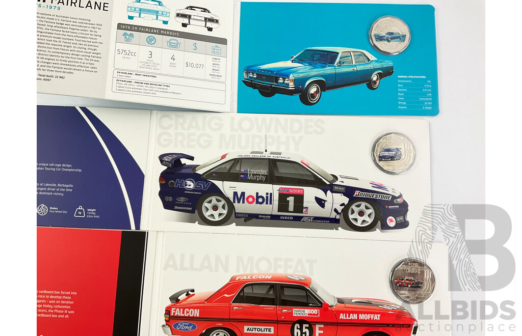 Australian RAM Automotive Commemorative Coins Including 2018 Fifty Cents 1971 Ford XY GT HO Phase III, 1969 Ford Mustang Boss 302, 2006 BA Falcon, 1996 Holden VR Commodore, 217 Fifty Cent 1976 Ford ZH Fairlane