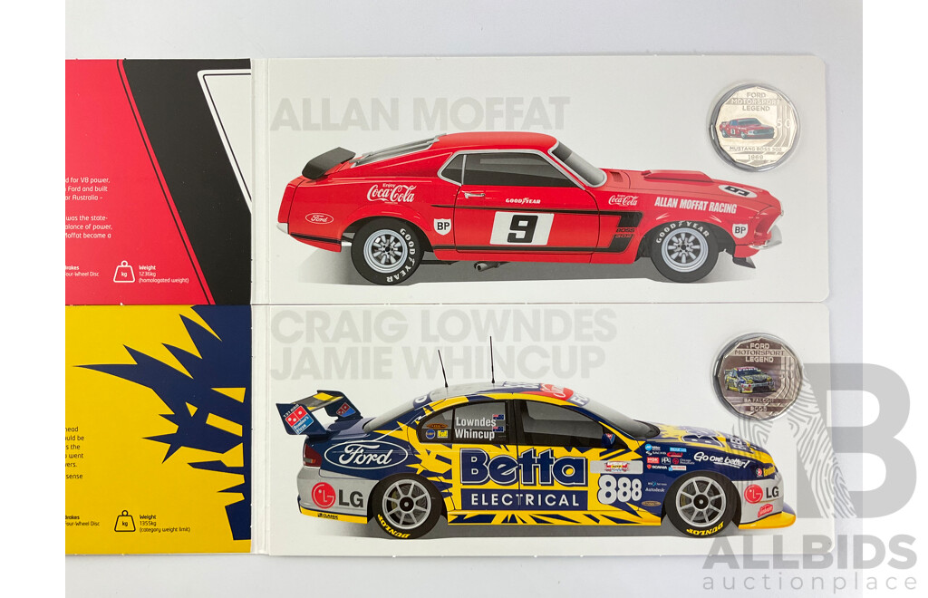 Australian RAM Automotive Commemorative Coins Including 2018 Fifty Cents 1971 Ford XY GT HO Phase III, 1969 Ford Mustang Boss 302, 2006 BA Falcon, 1996 Holden VR Commodore, 217 Fifty Cent 1976 Ford ZH Fairlane