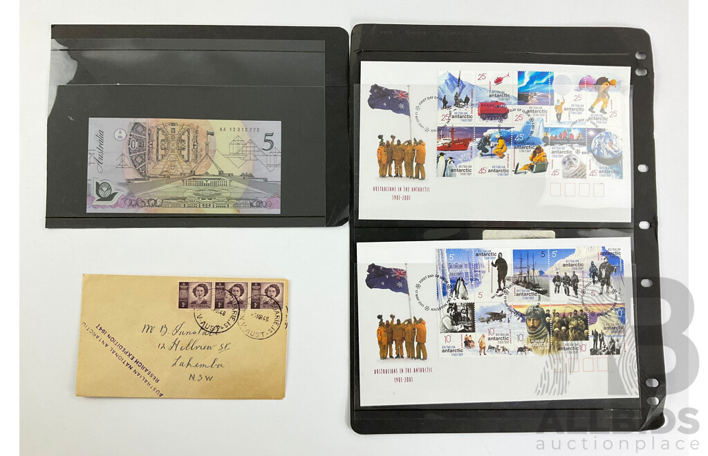 Australian 1992 Five Dollar Note, Fraser/Cole AA Prefix, 1947 Antarctic Research Expedition Stamped Letter, 2001 Australian Antarctic First Day Covers