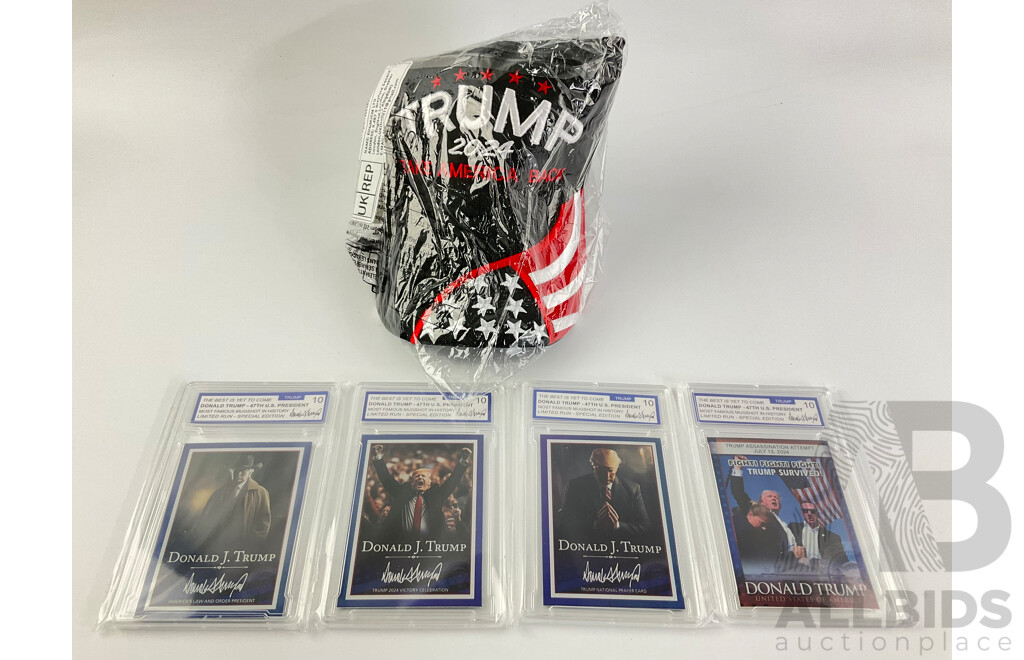 Four Cased Donald Trump Collector Cards with Take America Back 2024 Cap