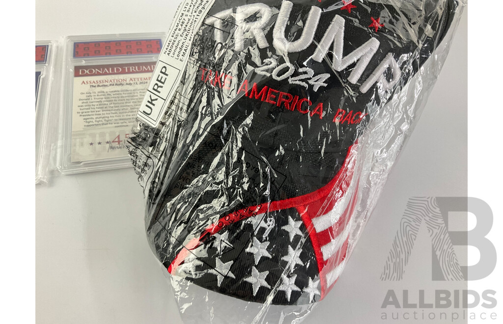 Four Cased Donald Trump Collector Cards with Take America Back 2024 Cap