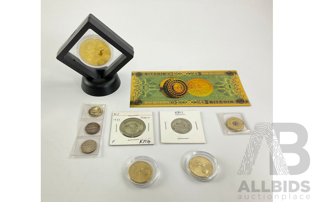 Australian 1921 Silver Star Shilling, Two 2024 One Dollar Coins 'Bluey Bucks' , 2021 Two Dollar Indigenous Service, New Zealand 1933 Silver Florin, Three USA 1941 Silver Dimes, Novelty Bitcoin Note and Coin