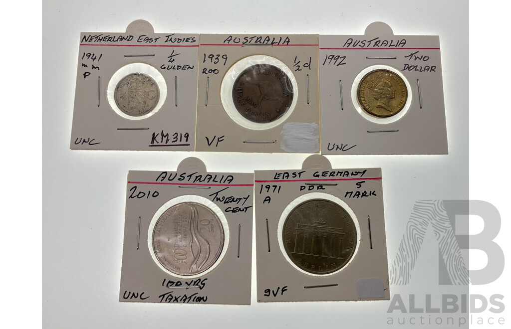 Australian 1939 Half Penny Kangaroo Reverse, 1992 Two Dollar, 2010 Twenty Cent Taxation, East Germany 1971 Five Mark, Netherlands East Indies 1941 Quarter Gulden