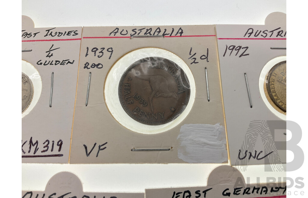 Australian 1939 Half Penny Kangaroo Reverse, 1992 Two Dollar, 2010 Twenty Cent Taxation, East Germany 1971 Five Mark, Netherlands East Indies 1941 Quarter Gulden