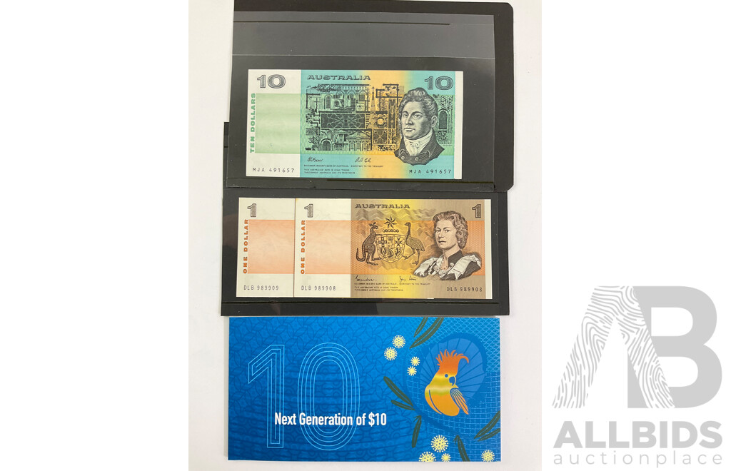 Australian 1991 Ten Dollar Note Fraser/Cole R313A MJA 491657 Two One Dollar Note Johnston/Stone R78 Consecutive DLB 989908- DLB 989909, Next Generation Ten Dollar Note Fraser/Lowe R326