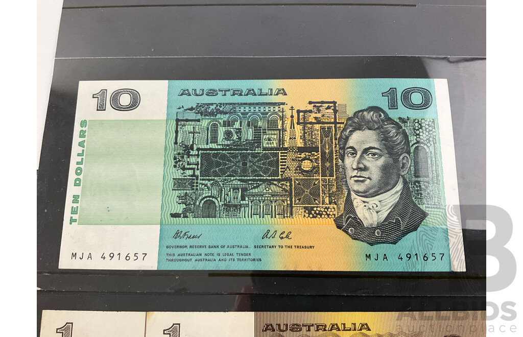 Australian 1991 Ten Dollar Note Fraser/Cole R313A MJA 491657 Two One Dollar Note Johnston/Stone R78 Consecutive DLB 989908- DLB 989909, Next Generation Ten Dollar Note Fraser/Lowe R326