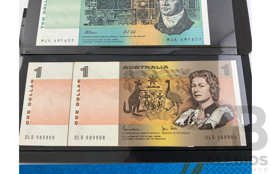 Australian 1991 Ten Dollar Note Fraser/Cole R313A MJA 491657 Two One Dollar Note Johnston/Stone R78 Consecutive DLB 989908- DLB 989909, Next Generation Ten Dollar Note Fraser/Lowe R326