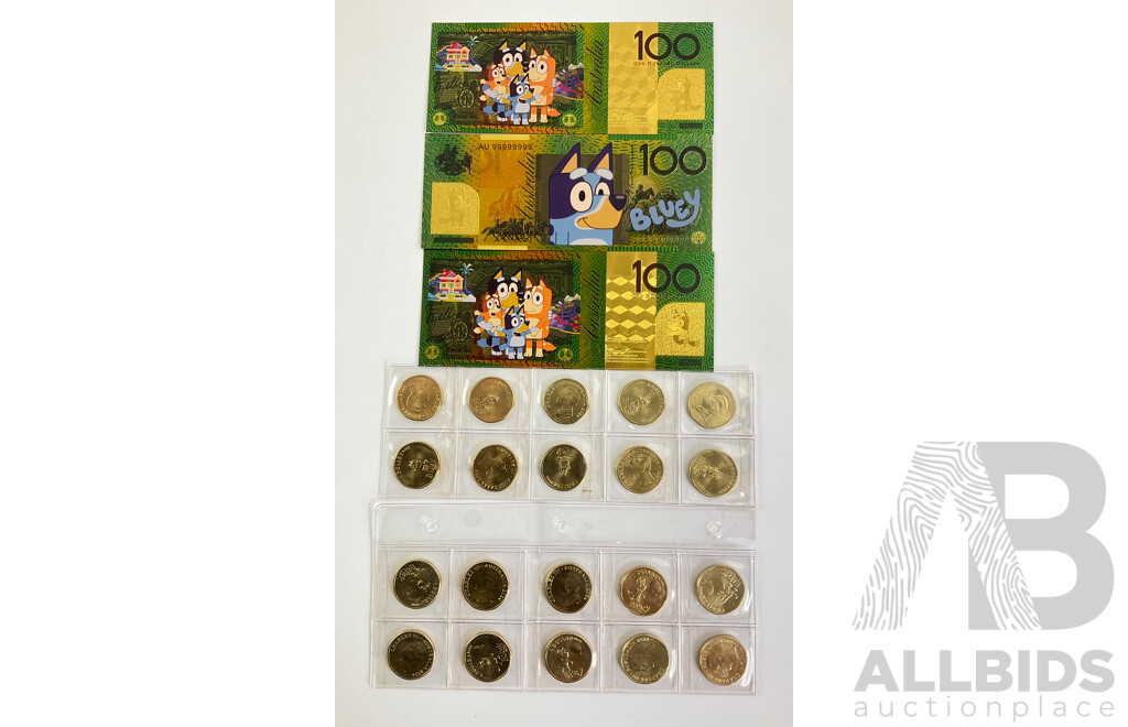Twenty Australian 2024 One Dollar 'Bluey Bucks' with Three Novelty Bluey One Hundred Dollar Notes