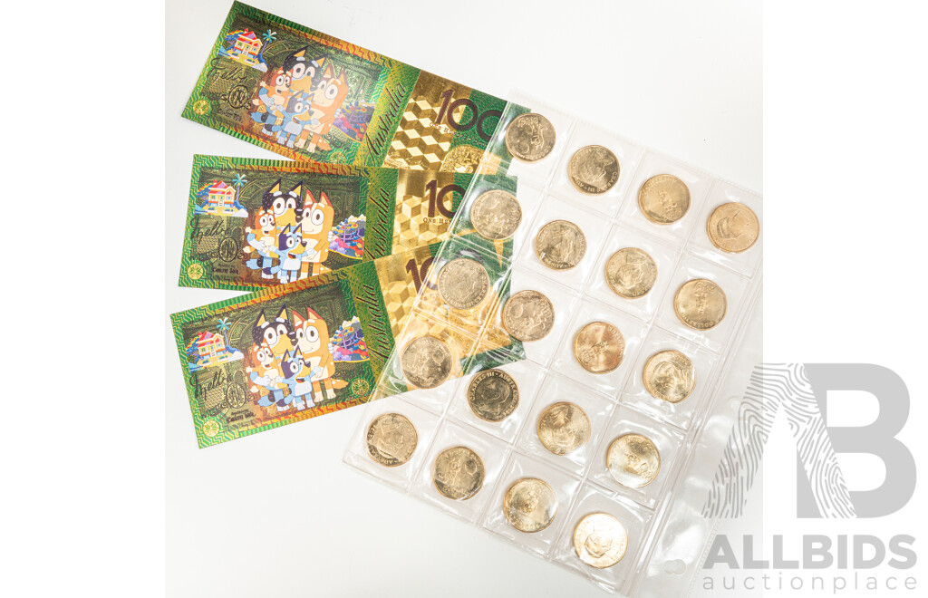 Twenty Australian 2024 One Dollar Coins, Commemorative 'Bluey Bucks' with Three Novelty Bluey One Hundred Dollar Notes