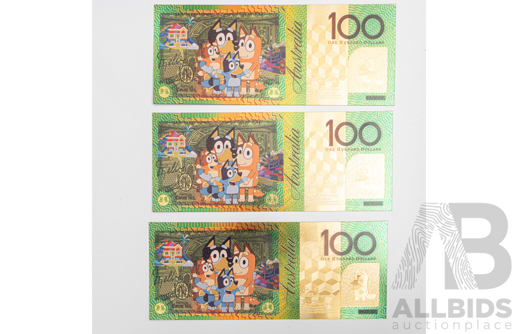 Twenty Australian 2024 One Dollar Coins, Commemorative 'Bluey Bucks' with Three Novelty Bluey One Hundred Dollar Notes