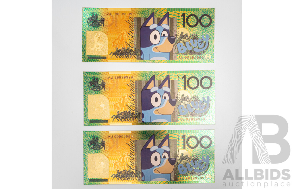 Twenty Australian 2024 One Dollar Coins, Commemorative 'Bluey Bucks' with Three Novelty Bluey One Hundred Dollar Notes