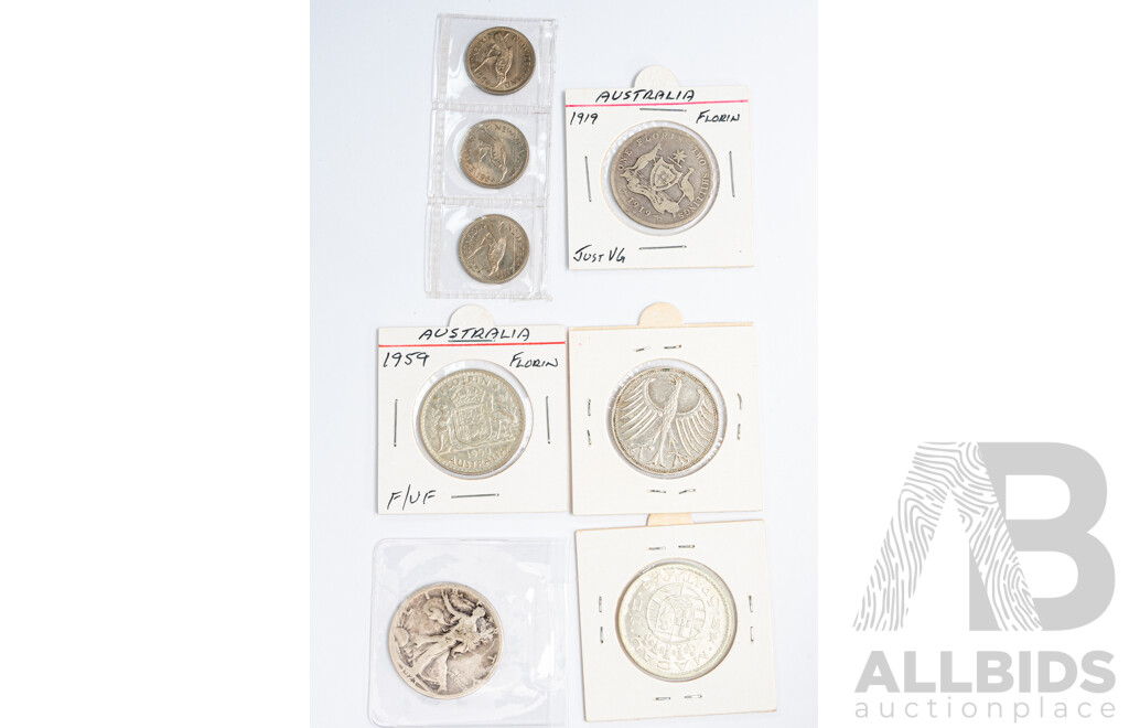 Collection of Silver Coins Including Australian Florins 1919M, 1959, USA 1923 Half Dollar .900, Germany 1951 Five Mark .625, Macau 1971 Five Patacas .650 and New Zealand 1964 Sixpence