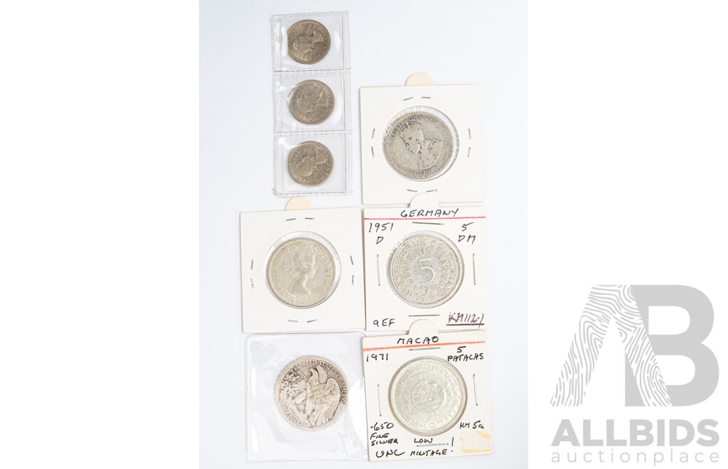 Collection of Silver Coins Including Australian Florins 1919M, 1959, USA 1923 Half Dollar .900, Germany 1951 Five Mark .625, Macau 1971 Five Patacas .650 and New Zealand 1964 Sixpence