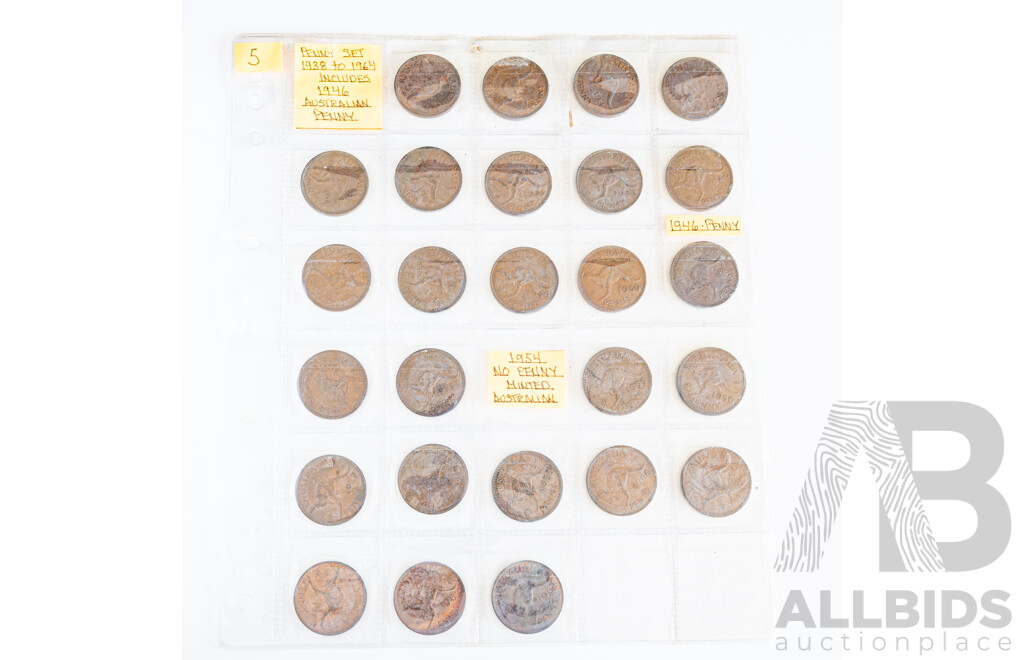 Set of Australian Pennies, Consecutive 1938 to 1964 Including 1946