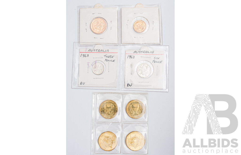 Australian UNC Coins Including 1963 Sixpence, Threepence, Four 2022 ALFW/AFL, 1989 One and Two Cent