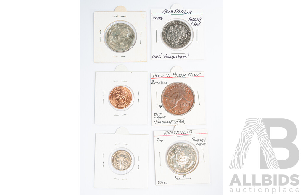 Australian Coins Including 1964 Perth Mint Penny with Die Crack Through Star, Twenty Cents 1974, Commemorative 2001,2003, Two Cent 1987, Five Cent 1986