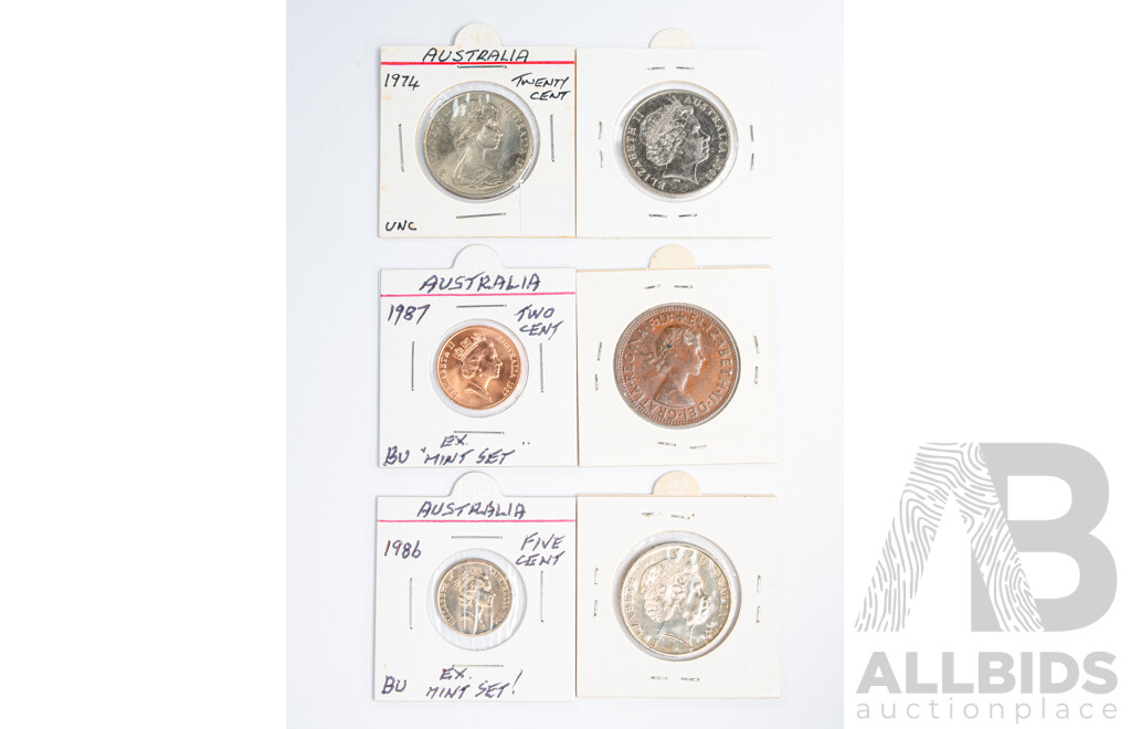 Australian Coins Including 1964 Perth Mint Penny with Die Crack Through Star, Twenty Cents 1974, Commemorative 2001,2003, Two Cent 1987, Five Cent 1986