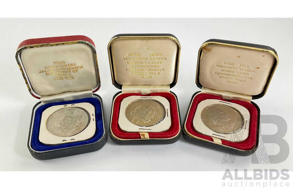 Three Commemorative Samoan Commemorative Coins Including 1972 Discovery of Samoa, 1969 75th Anniversary Death of Robert Lois Stevensen, 1970 200th Anniversary Cook Voyages
