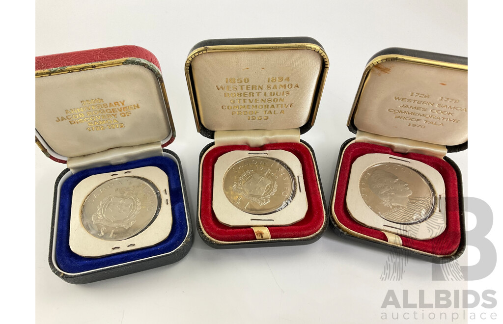 Three Commemorative Samoan Commemorative Coins Including 1972 Discovery of Samoa, 1969 75th Anniversary Death of Robert Lois Stevensen, 1970 200th Anniversary Cook Voyages