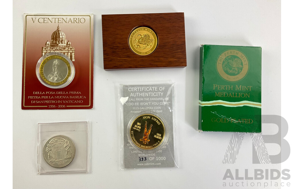 Collection of Medallion Including 2015 Gallipoli Coin Finished in 24k Gold, Perth Mint Gold Plated Medallion, Pope Paul VI Medal, 2006 Vatican Medallion