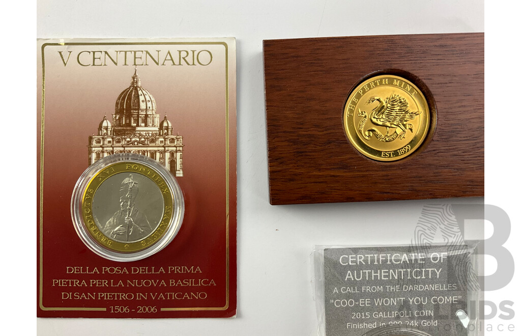 Collection of Medallion Including 2015 Gallipoli Coin Finished in 24k Gold, Perth Mint Gold Plated Medallion, Pope Paul VI Medal, 2006 Vatican Medallion
