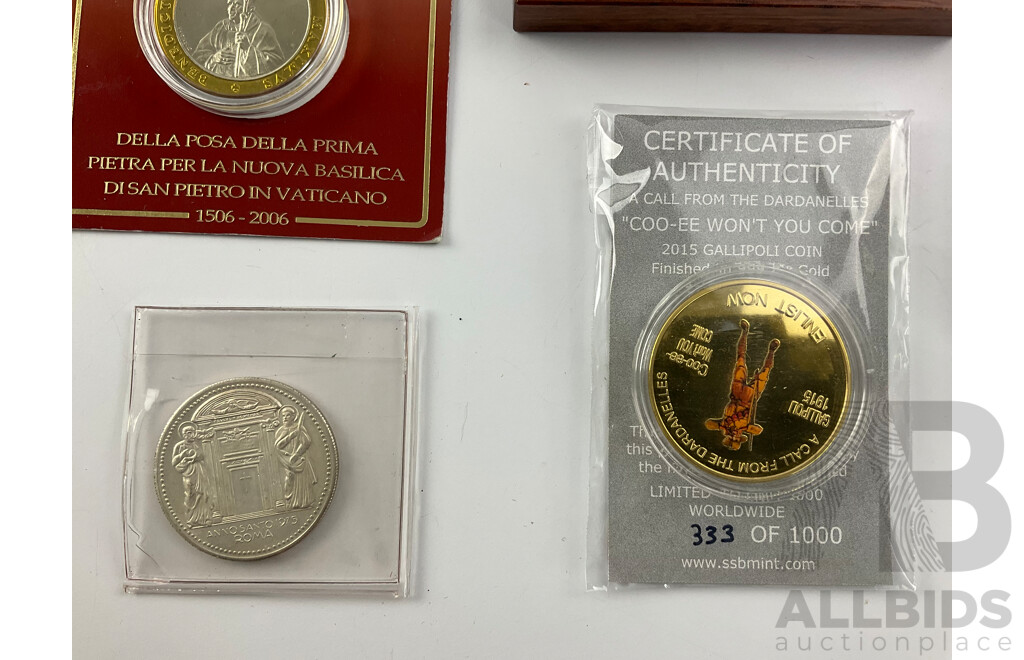 Collection of Medallion Including 2015 Gallipoli Coin Finished in 24k Gold, Perth Mint Gold Plated Medallion, Pope Paul VI Medal, 2006 Vatican Medallion