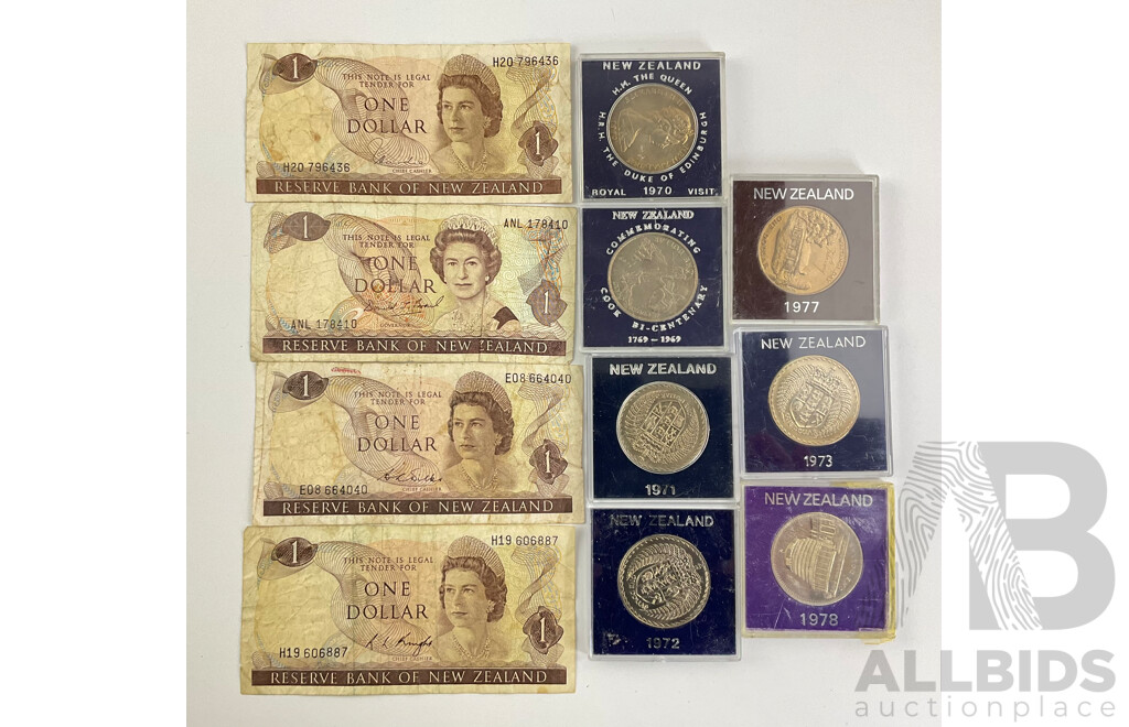 Seven New Zealand Commemorative UNC Dollars with Four One Dollar Note, Various Signatures