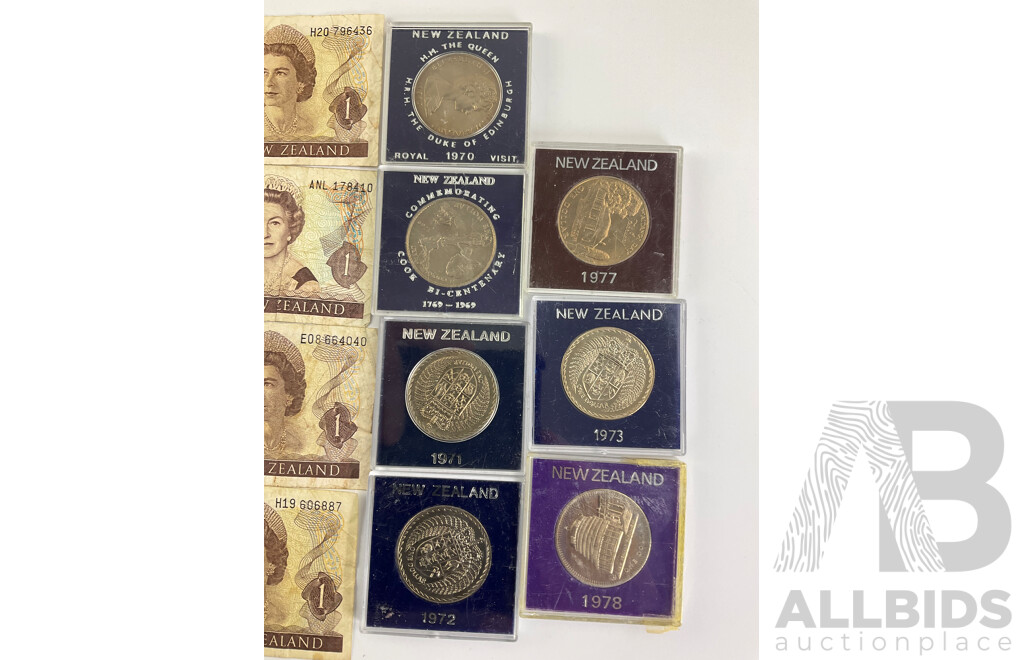 Seven New Zealand Commemorative UNC Dollars with Four One Dollar Note, Various Signatures