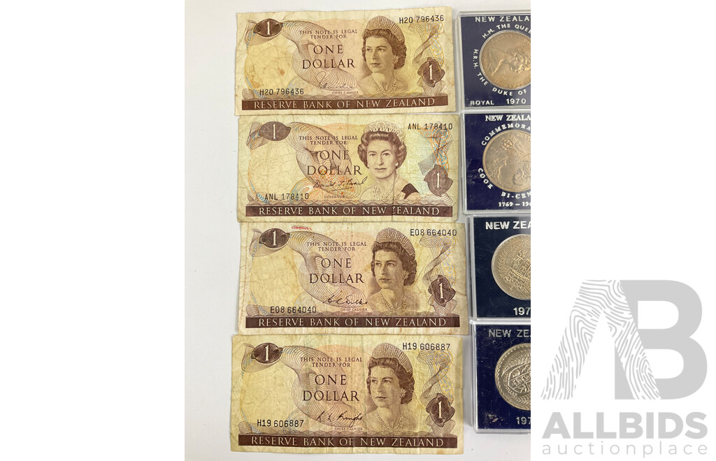 Seven New Zealand Commemorative UNC Dollars with Four One Dollar Note, Various Signatures