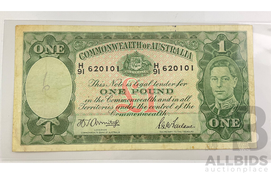 Australian 1942 One Pound Note, Armitage/Mcfarlane R30, H91 620101