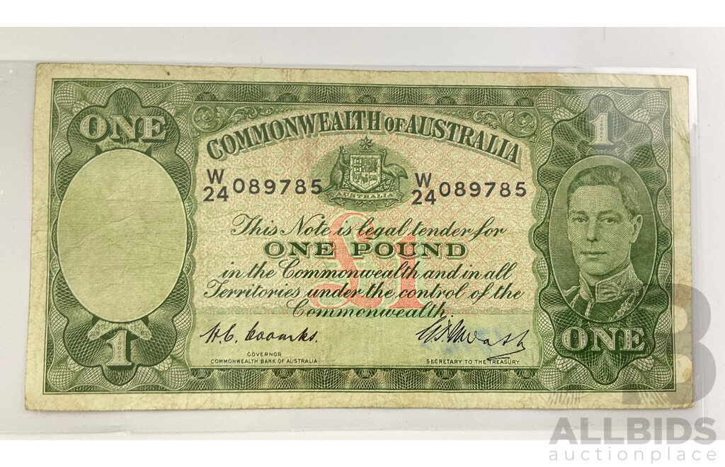 Australian 1949 One Pound Note, Coombs/Watt R31, W24 089785