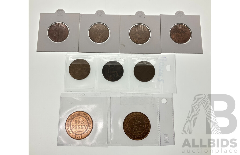 Australian Pennies, 1916, 1919, Half Pennies 1960, 1961, 1963, 1964, UK Half Pennies 1887, 1912, 1931