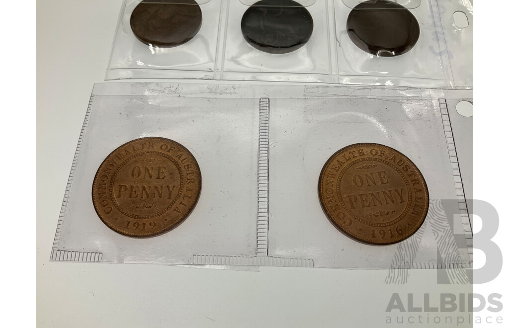 Australian Pennies, 1916, 1919, Half Pennies 1960, 1961, 1963, 1964, UK Half Pennies 1887, 1912, 1931