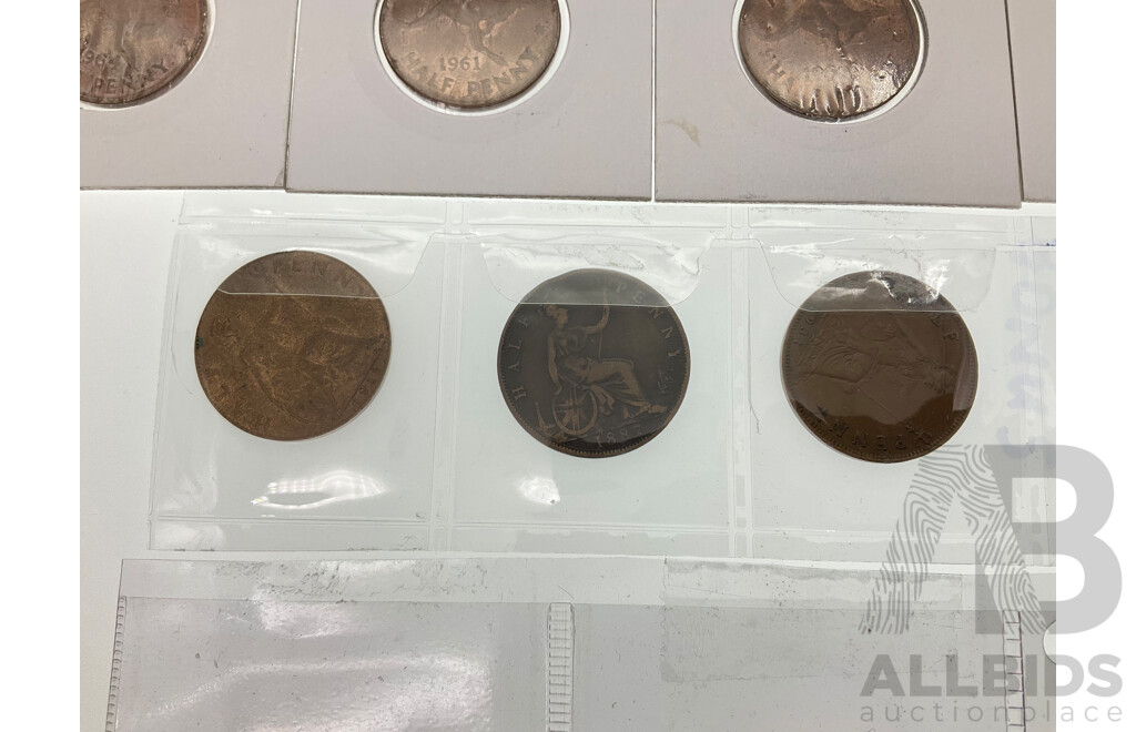 Australian Pennies, 1916, 1919, Half Pennies 1960, 1961, 1963, 1964, UK Half Pennies 1887, 1912, 1931