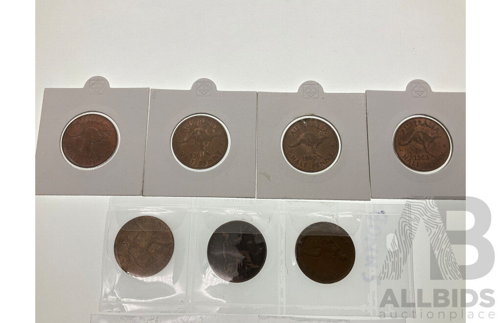 Australian Pennies, 1916, 1919, Half Pennies 1960, 1961, 1963, 1964, UK Half Pennies 1887, 1912, 1931