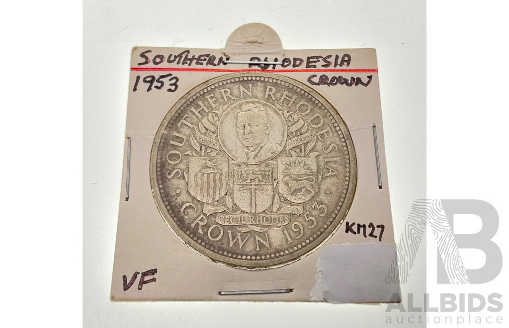 Southeren Rhodesia 1953 Silver One Crown Coin, Commemorative 100th Birthday Cecil Rhodes .500