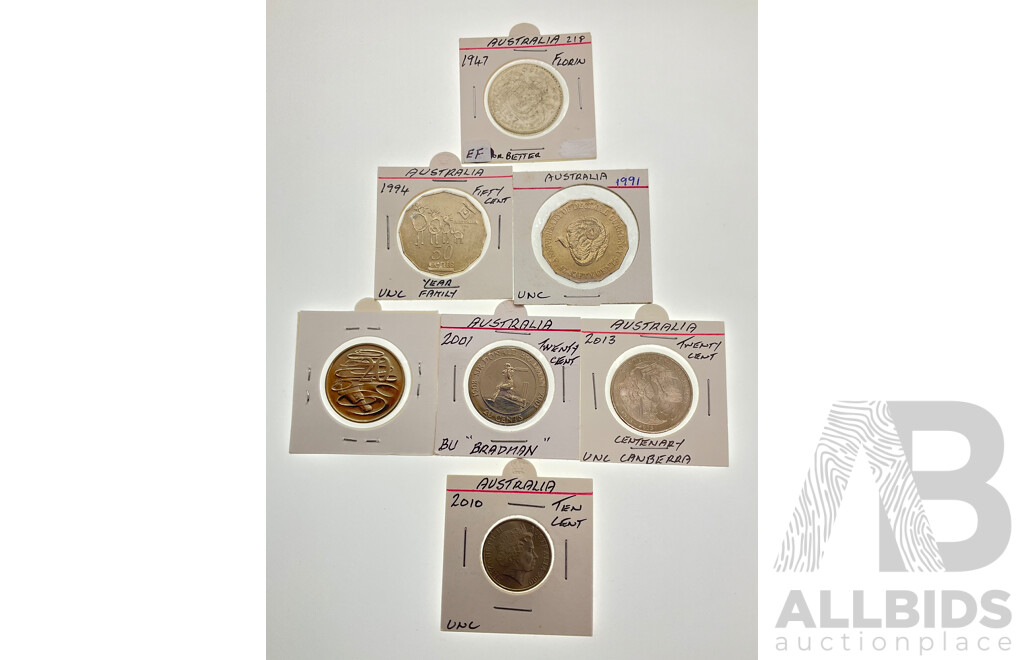 Australian 1947 Silver Florin with Die Crack, Commemorative Fifty Cent Coins 1991, 1994, Commemorative Twenty Cents 2001, 2013, Ten Cent 2010