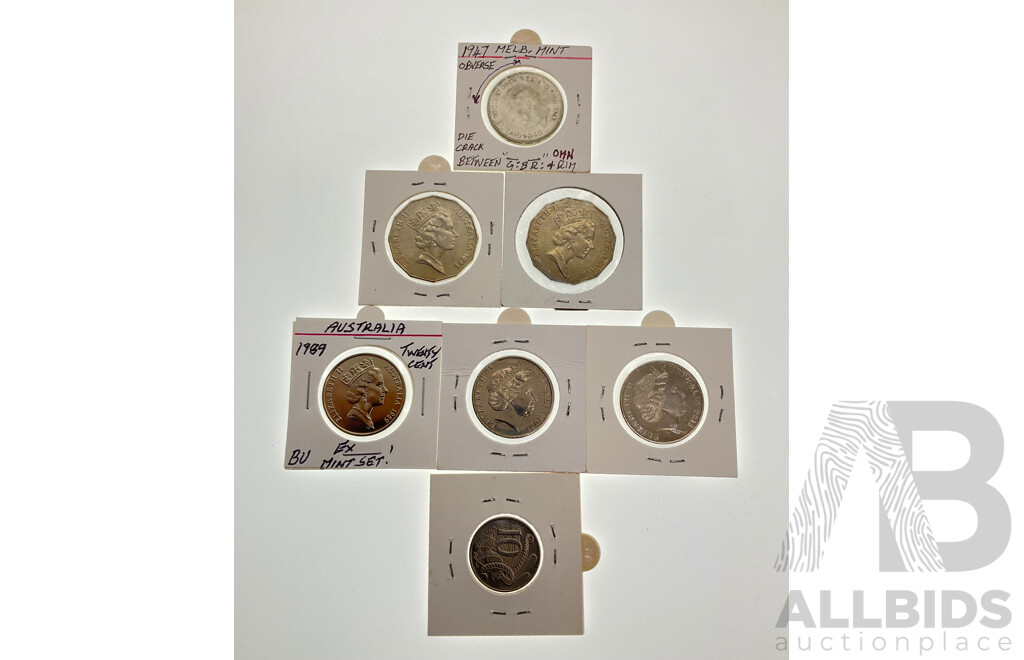 Australian 1947 Silver Florin with Die Crack, Commemorative Fifty Cent Coins 1991, 1994, Commemorative Twenty Cents 2001, 2013, Ten Cent 2010