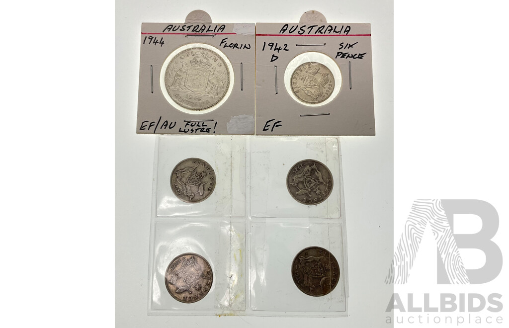 Australian 1944 Silver Florin, 1942 Silver Sixpence, Denver Mint, 1925, 1926, 1927, 1928 Sixpence