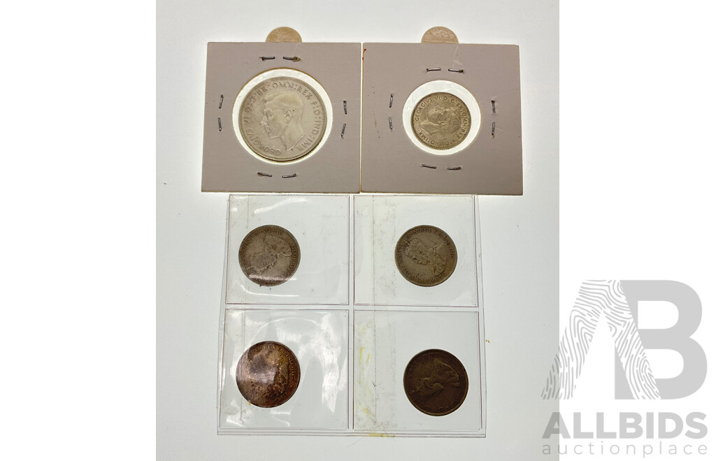 Australian 1944 Silver Florin, 1942 Silver Sixpence, Denver Mint, 1925, 1926, 1927, 1928 Sixpence