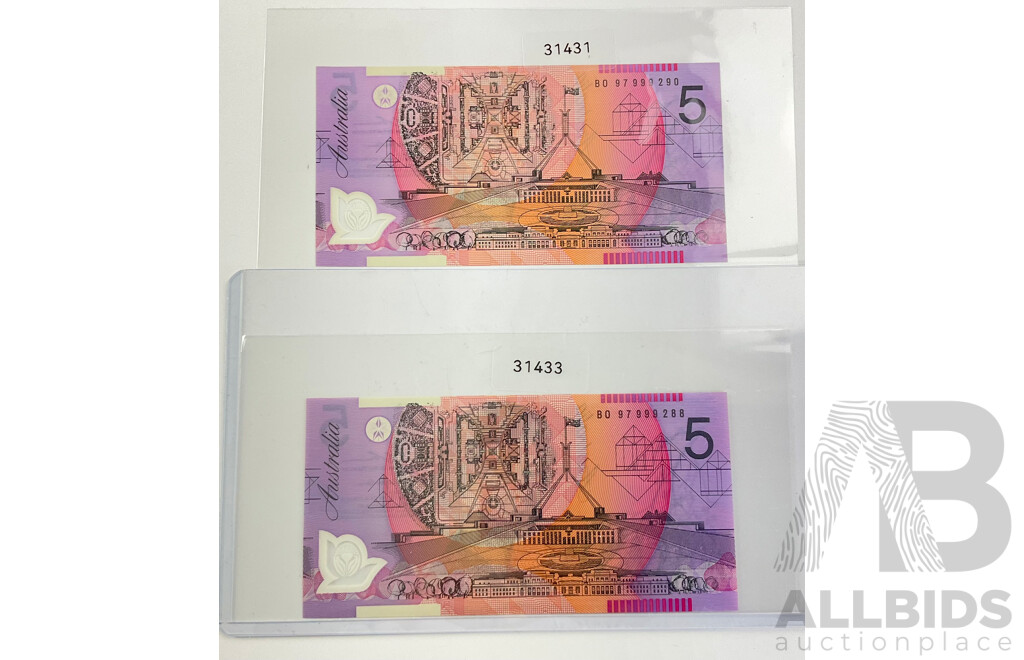 Two Australian 1997 Five Dollar Test Notes, Macfarlane/Evans