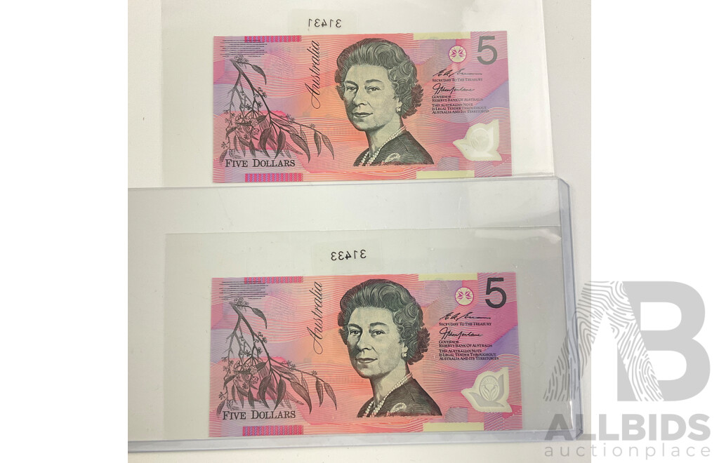 Two Australian 1997 Five Dollar Test Notes, Macfarlane/Evans