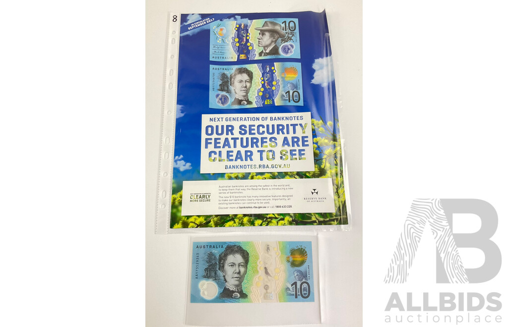 Australian 2017 Ten Dollar Note, Lowe/Fraser First Prefix AA 173529343 with Next Generation Fact Sheet