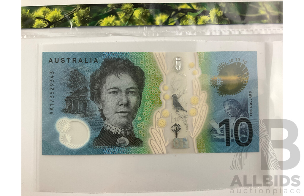 Australian 2017 Ten Dollar Note, Lowe/Fraser First Prefix AA 173529343 with Next Generation Fact Sheet