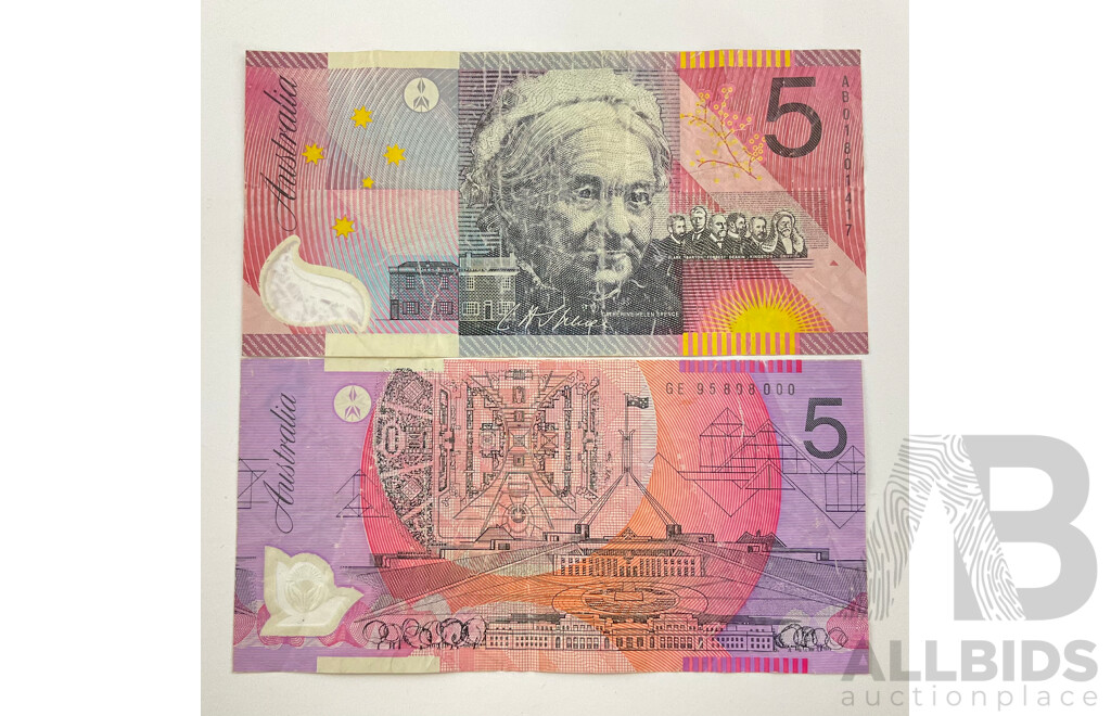Australian 1995 Five Dollar Note, Evans/Fraser GE 95808000, and 2001 Macfarlane/Evans AB 01801417