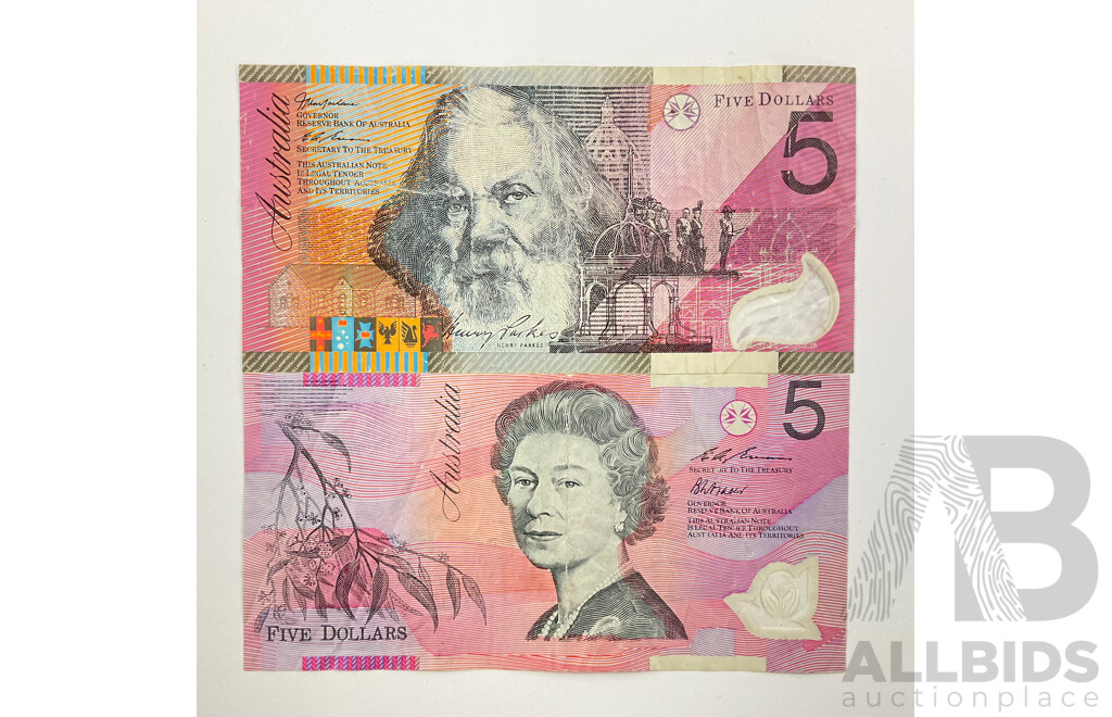 Australian 1995 Five Dollar Note, Evans/Fraser GE 95808000, and 2001 Macfarlane/Evans AB 01801417