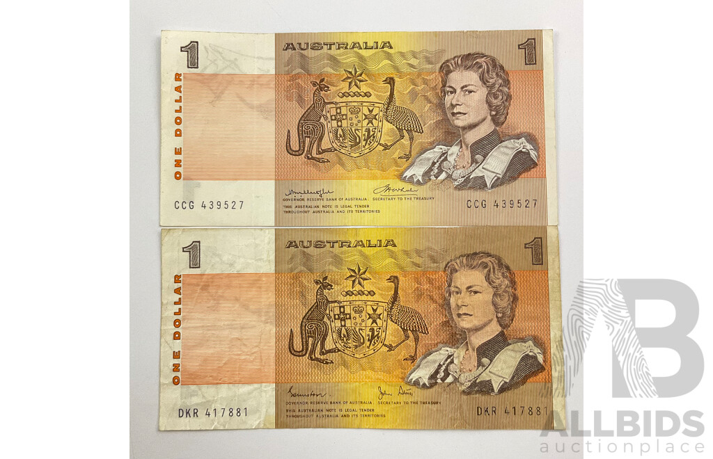 Two Australian One Dollar Notes, 1976 Knight/Wheeler and 1982 Johnston/Stone