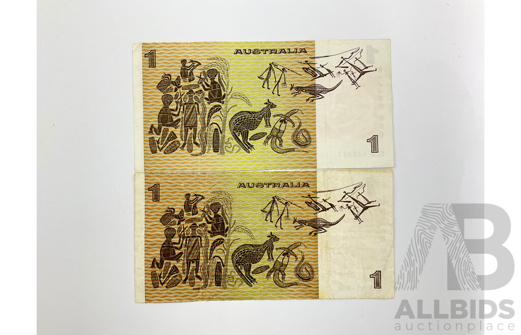 Two Australian One Dollar Notes, 1976 Knight/Wheeler and 1982 Johnston/Stone