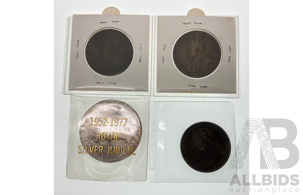 Two Australian Pennies, 1911 and 1912H, UK 1898 Penny, 1977 Jubilee Crown